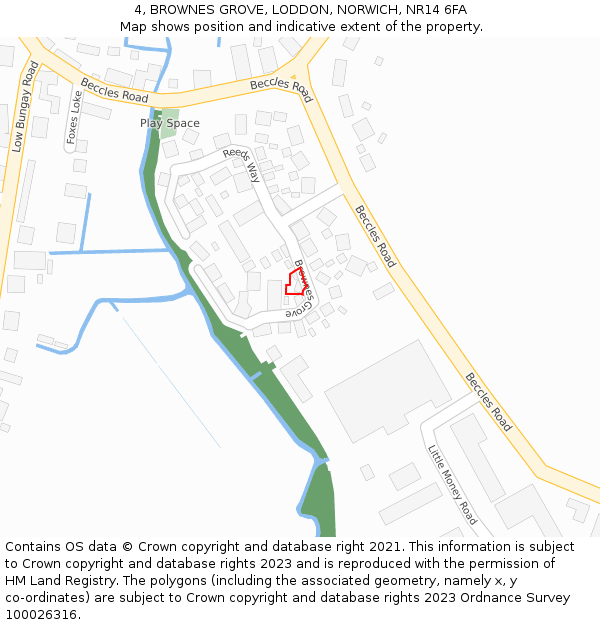 4, BROWNES GROVE, LODDON, NORWICH, NR14 6FA: Location map and indicative extent of plot