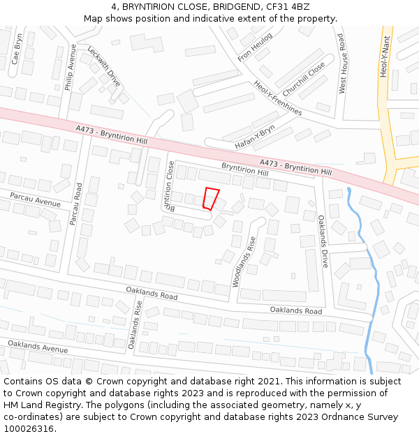 4, BRYNTIRION CLOSE, BRIDGEND, CF31 4BZ: Location map and indicative extent of plot