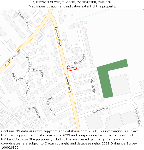 4, BRYSON CLOSE, THORNE, DONCASTER, DN8 5GH: Location map and indicative extent of plot