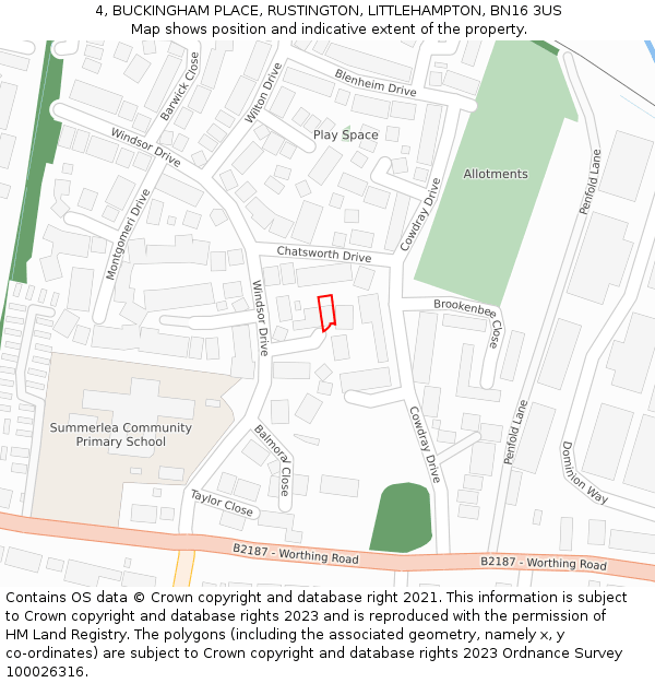 4, BUCKINGHAM PLACE, RUSTINGTON, LITTLEHAMPTON, BN16 3US: Location map and indicative extent of plot
