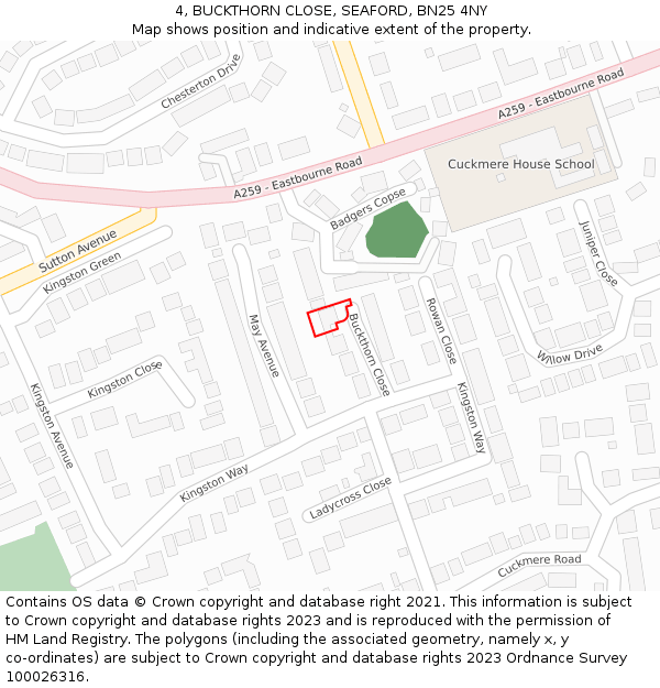 4, BUCKTHORN CLOSE, SEAFORD, BN25 4NY: Location map and indicative extent of plot
