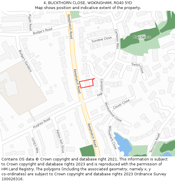 4, BUCKTHORN CLOSE, WOKINGHAM, RG40 5YD: Location map and indicative extent of plot