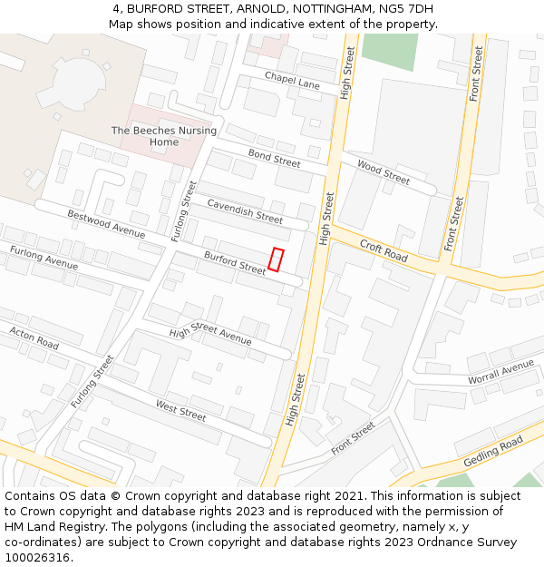 4, BURFORD STREET, ARNOLD, NOTTINGHAM, NG5 7DH: Location map and indicative extent of plot