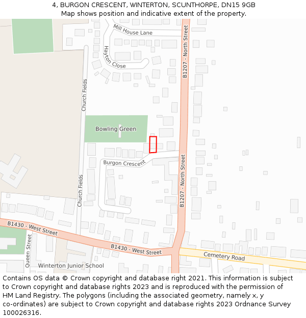 4, BURGON CRESCENT, WINTERTON, SCUNTHORPE, DN15 9GB: Location map and indicative extent of plot