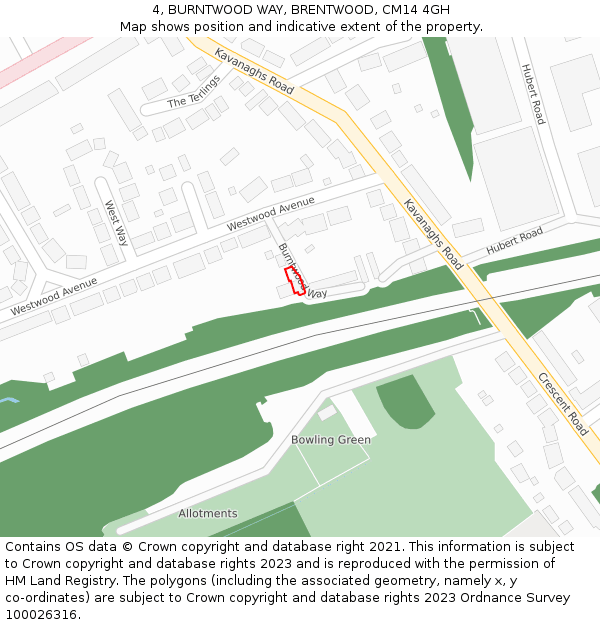 4, BURNTWOOD WAY, BRENTWOOD, CM14 4GH: Location map and indicative extent of plot