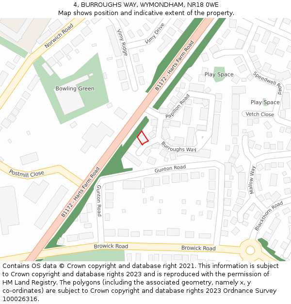 4, BURROUGHS WAY, WYMONDHAM, NR18 0WE: Location map and indicative extent of plot