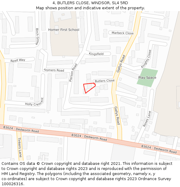 4, BUTLERS CLOSE, WINDSOR, SL4 5RD: Location map and indicative extent of plot