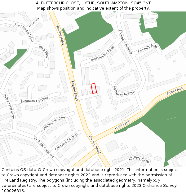 4, BUTTERCUP CLOSE, HYTHE, SOUTHAMPTON, SO45 3NT: Location map and indicative extent of plot