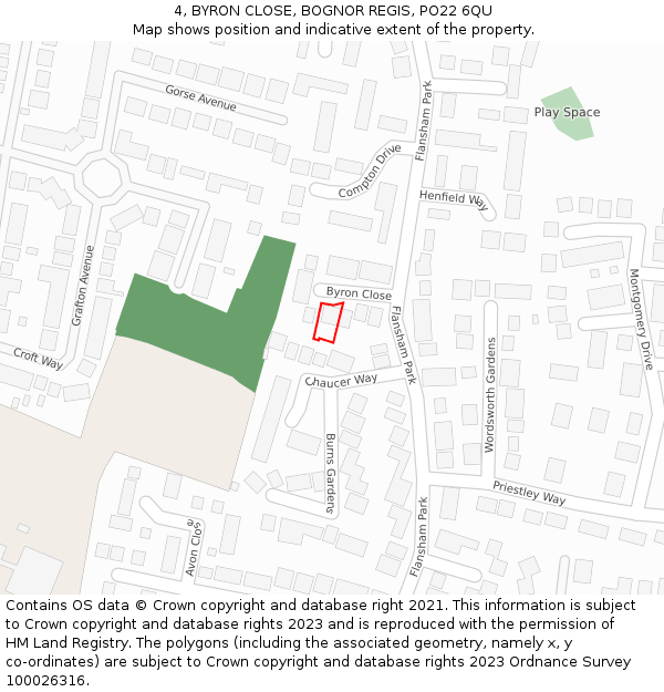 4, BYRON CLOSE, BOGNOR REGIS, PO22 6QU: Location map and indicative extent of plot