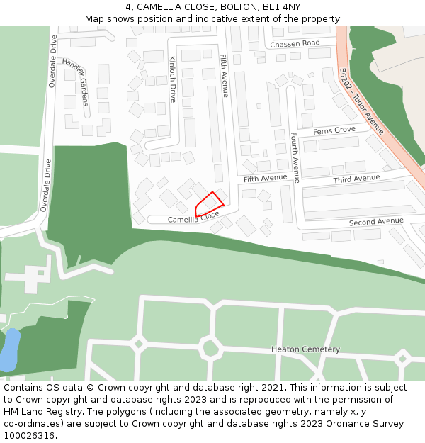 4, CAMELLIA CLOSE, BOLTON, BL1 4NY: Location map and indicative extent of plot