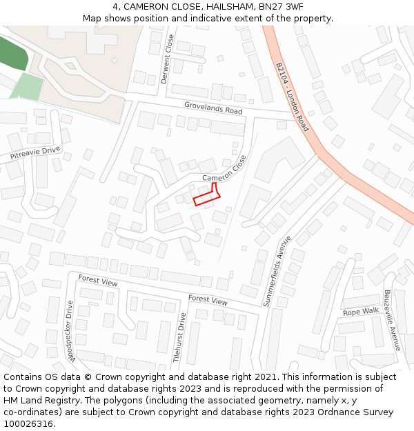 4, CAMERON CLOSE, HAILSHAM, BN27 3WF: Location map and indicative extent of plot