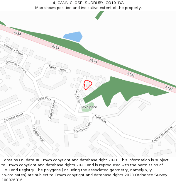 4, CANN CLOSE, SUDBURY, CO10 1YA: Location map and indicative extent of plot