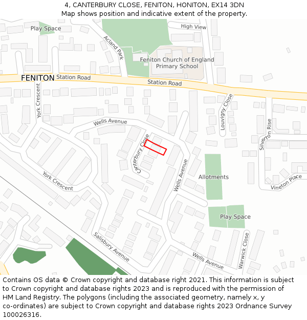 4, CANTERBURY CLOSE, FENITON, HONITON, EX14 3DN: Location map and indicative extent of plot