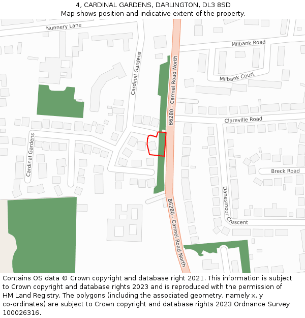 4, CARDINAL GARDENS, DARLINGTON, DL3 8SD: Location map and indicative extent of plot