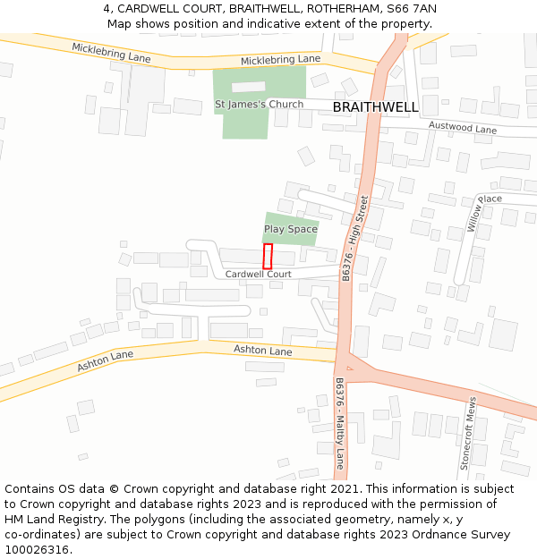 4, CARDWELL COURT, BRAITHWELL, ROTHERHAM, S66 7AN: Location map and indicative extent of plot