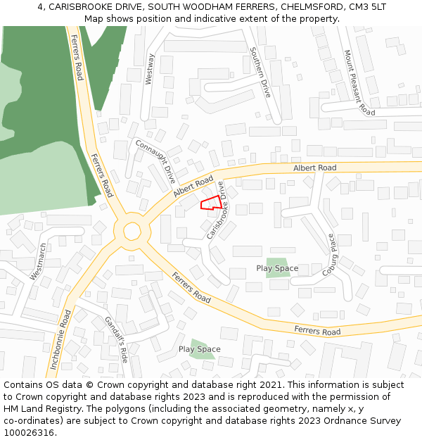 4, CARISBROOKE DRIVE, SOUTH WOODHAM FERRERS, CHELMSFORD, CM3 5LT: Location map and indicative extent of plot
