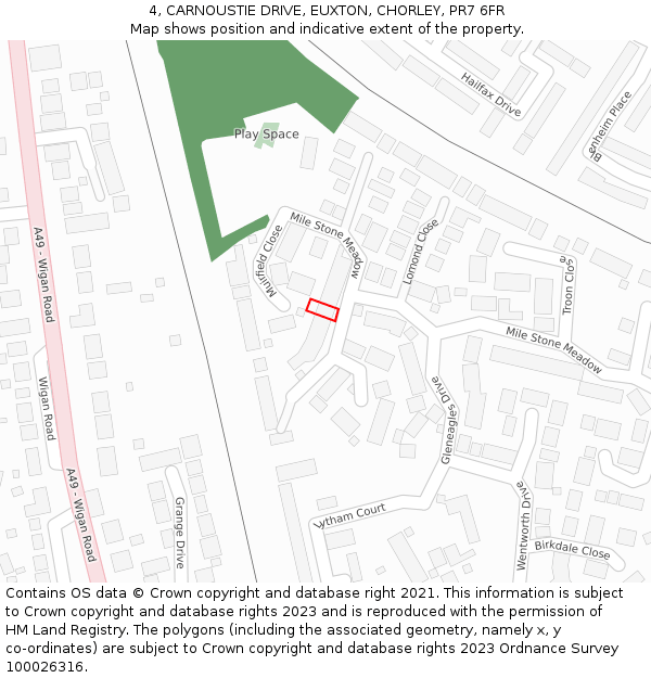 4, CARNOUSTIE DRIVE, EUXTON, CHORLEY, PR7 6FR: Location map and indicative extent of plot