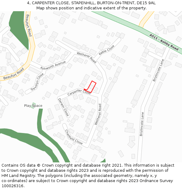 4, CARPENTER CLOSE, STAPENHILL, BURTON-ON-TRENT, DE15 9AL: Location map and indicative extent of plot