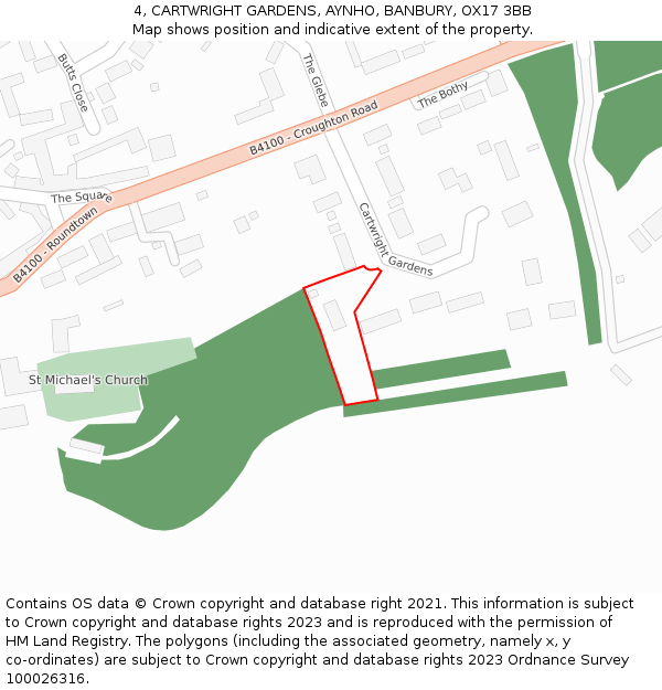 4, CARTWRIGHT GARDENS, AYNHO, BANBURY, OX17 3BB: Location map and indicative extent of plot