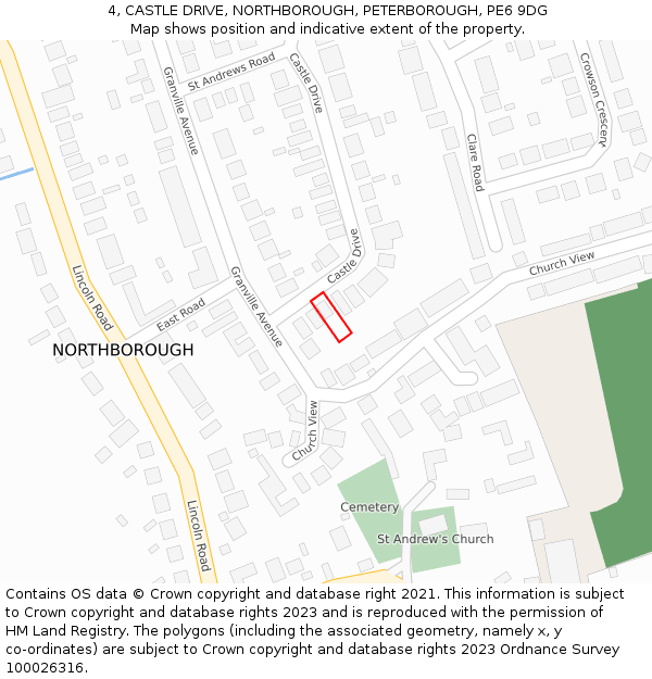 4, CASTLE DRIVE, NORTHBOROUGH, PETERBOROUGH, PE6 9DG: Location map and indicative extent of plot