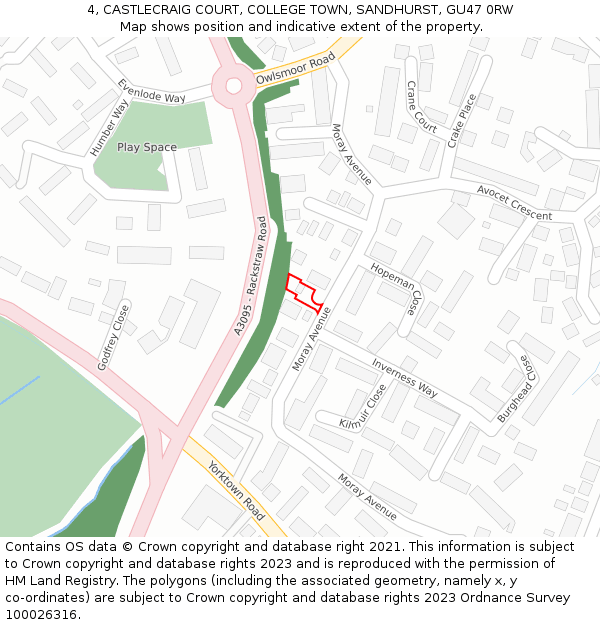 4, CASTLECRAIG COURT, COLLEGE TOWN, SANDHURST, GU47 0RW: Location map and indicative extent of plot