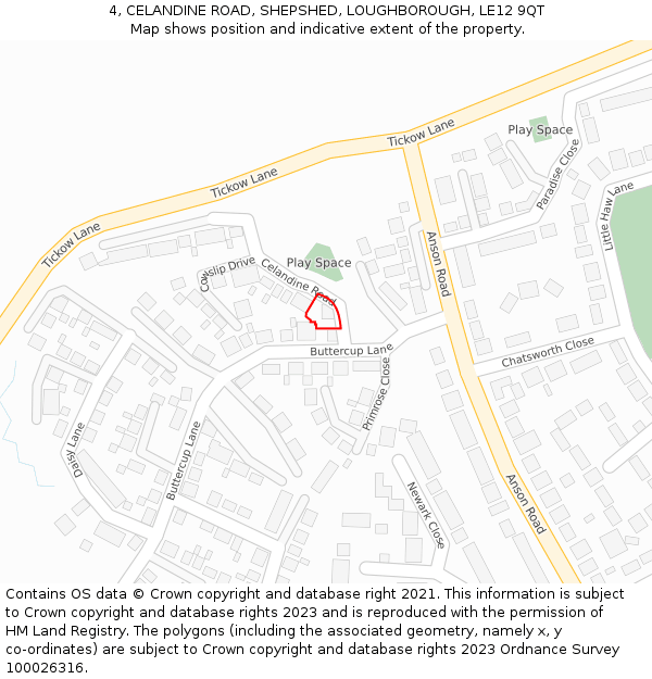 4, CELANDINE ROAD, SHEPSHED, LOUGHBOROUGH, LE12 9QT: Location map and indicative extent of plot