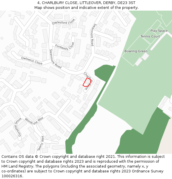 4, CHARLBURY CLOSE, LITTLEOVER, DERBY, DE23 3ST: Location map and indicative extent of plot