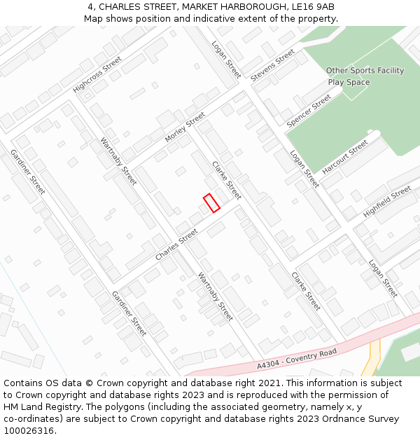 4, CHARLES STREET, MARKET HARBOROUGH, LE16 9AB: Location map and indicative extent of plot