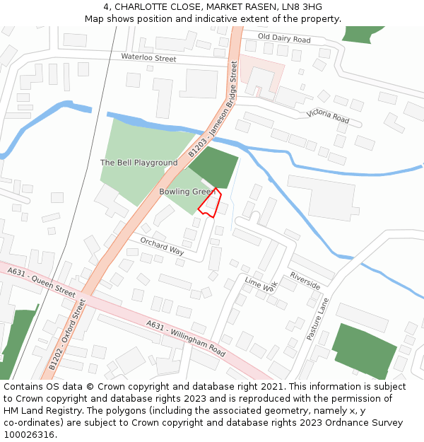 4, CHARLOTTE CLOSE, MARKET RASEN, LN8 3HG: Location map and indicative extent of plot