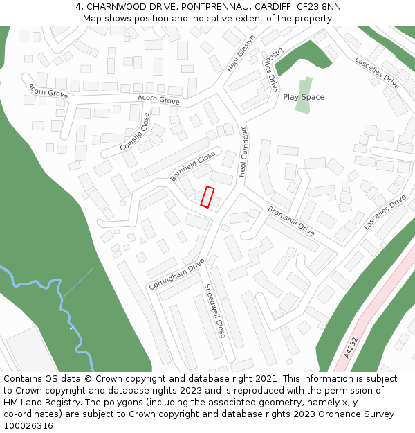4, CHARNWOOD DRIVE, PONTPRENNAU, CARDIFF, CF23 8NN: Location map and indicative extent of plot
