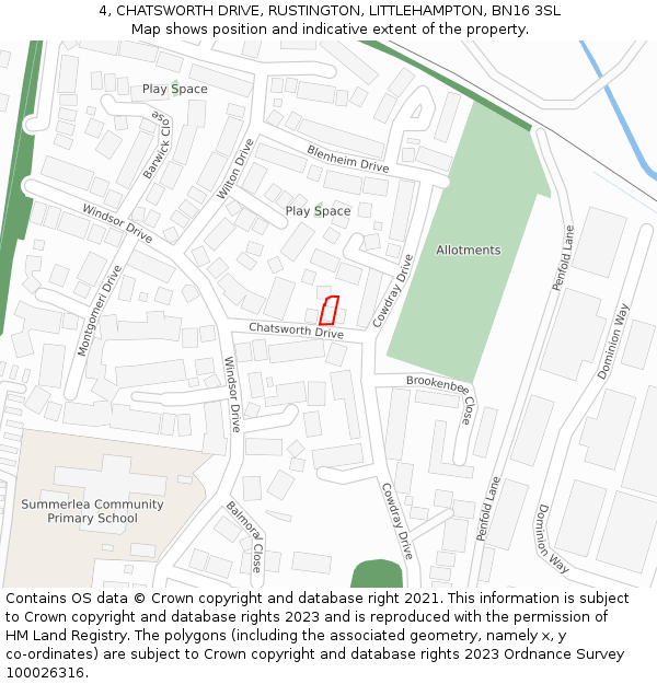 4, CHATSWORTH DRIVE, RUSTINGTON, LITTLEHAMPTON, BN16 3SL: Location map and indicative extent of plot