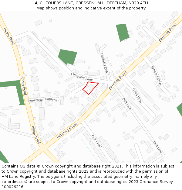 4, CHEQUERS LANE, GRESSENHALL, DEREHAM, NR20 4EU: Location map and indicative extent of plot