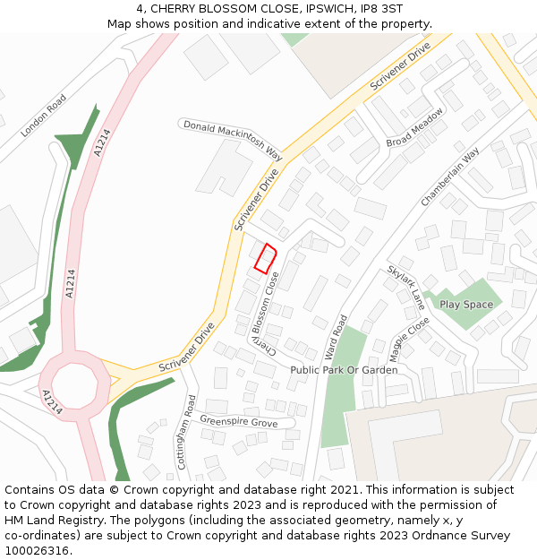 4, CHERRY BLOSSOM CLOSE, IPSWICH, IP8 3ST: Location map and indicative extent of plot