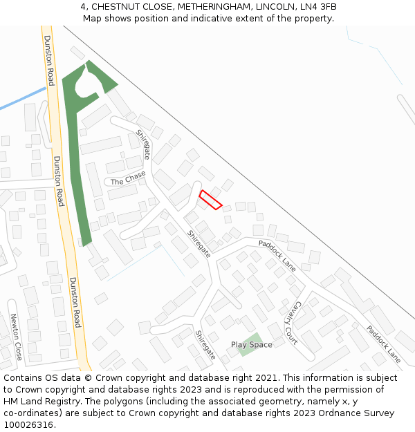 4, CHESTNUT CLOSE, METHERINGHAM, LINCOLN, LN4 3FB: Location map and indicative extent of plot