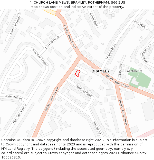 4, CHURCH LANE MEWS, BRAMLEY, ROTHERHAM, S66 2US: Location map and indicative extent of plot