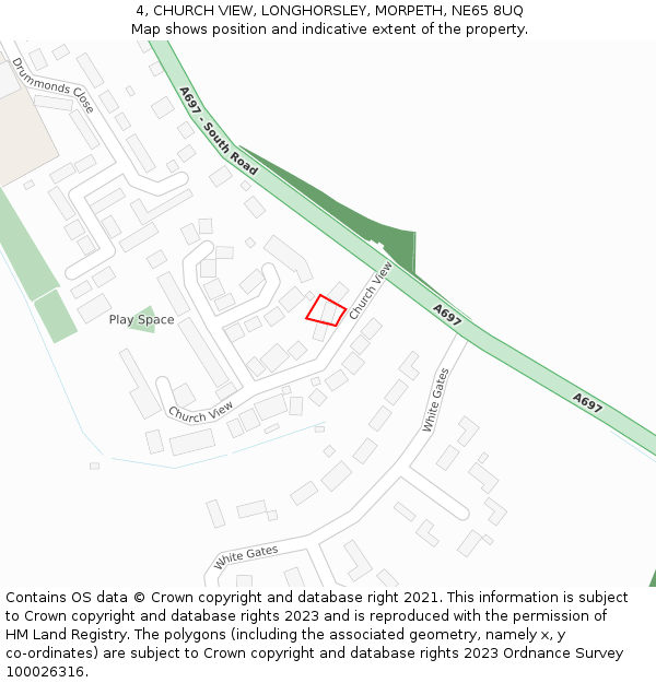 4, CHURCH VIEW, LONGHORSLEY, MORPETH, NE65 8UQ: Location map and indicative extent of plot