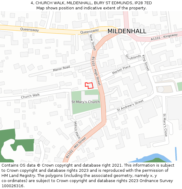 4, CHURCH WALK, MILDENHALL, BURY ST EDMUNDS, IP28 7ED: Location map and indicative extent of plot