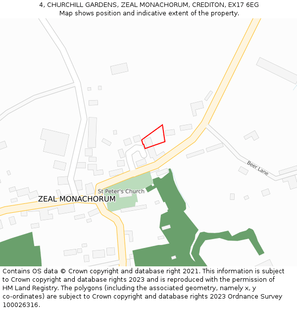 4, CHURCHILL GARDENS, ZEAL MONACHORUM, CREDITON, EX17 6EG: Location map and indicative extent of plot