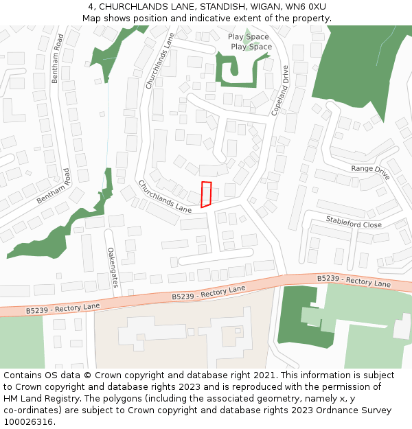 4, CHURCHLANDS LANE, STANDISH, WIGAN, WN6 0XU: Location map and indicative extent of plot