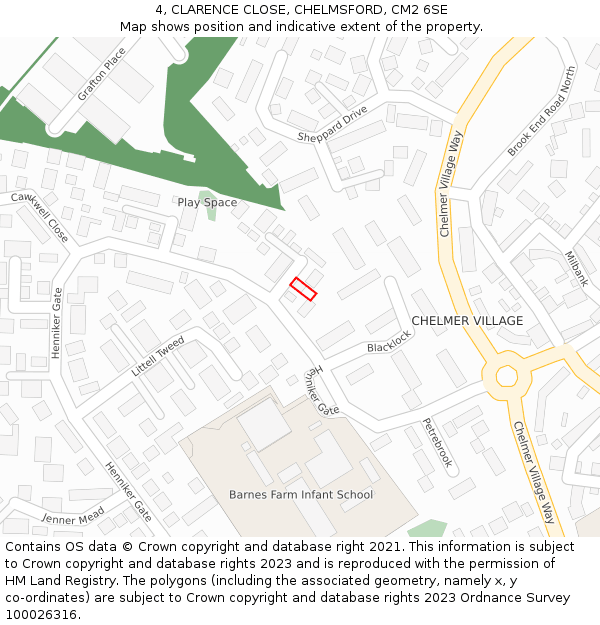 4, CLARENCE CLOSE, CHELMSFORD, CM2 6SE: Location map and indicative extent of plot