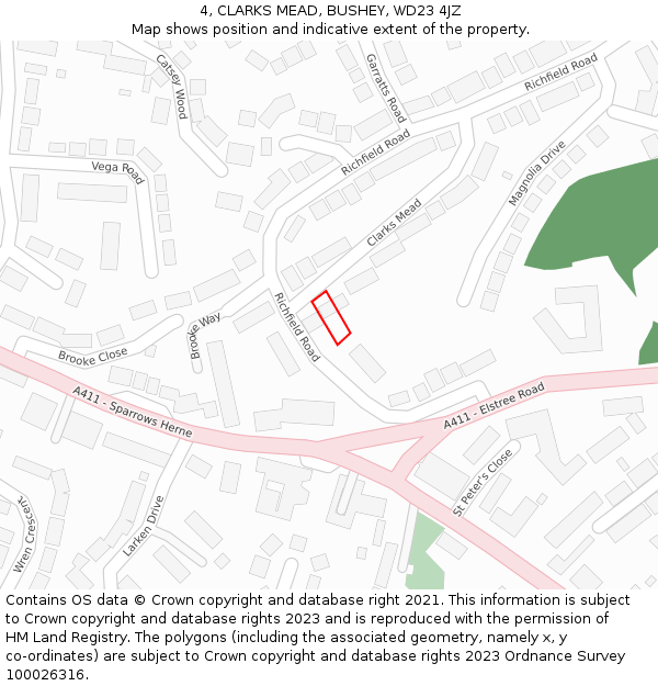 4, CLARKS MEAD, BUSHEY, WD23 4JZ: Location map and indicative extent of plot