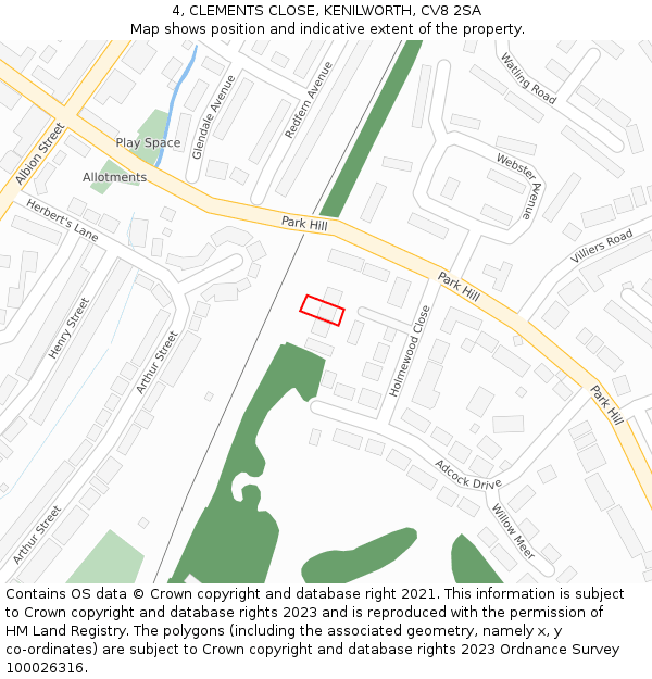 4, CLEMENTS CLOSE, KENILWORTH, CV8 2SA: Location map and indicative extent of plot