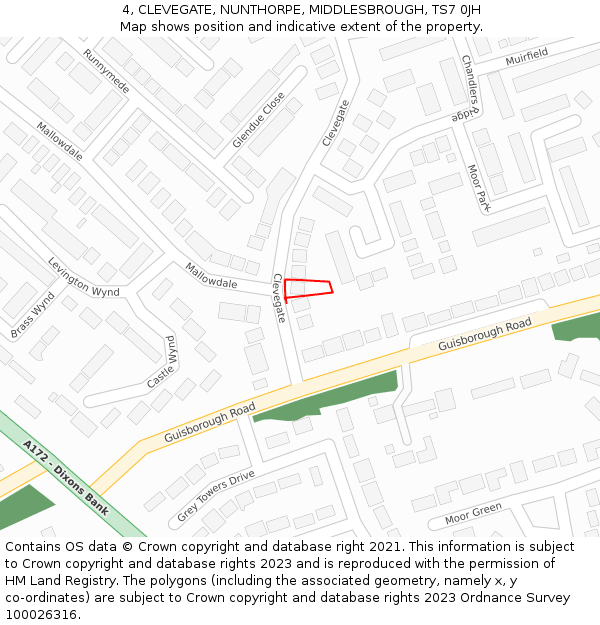 4, CLEVEGATE, NUNTHORPE, MIDDLESBROUGH, TS7 0JH: Location map and indicative extent of plot