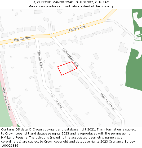 4, CLIFFORD MANOR ROAD, GUILDFORD, GU4 8AG: Location map and indicative extent of plot