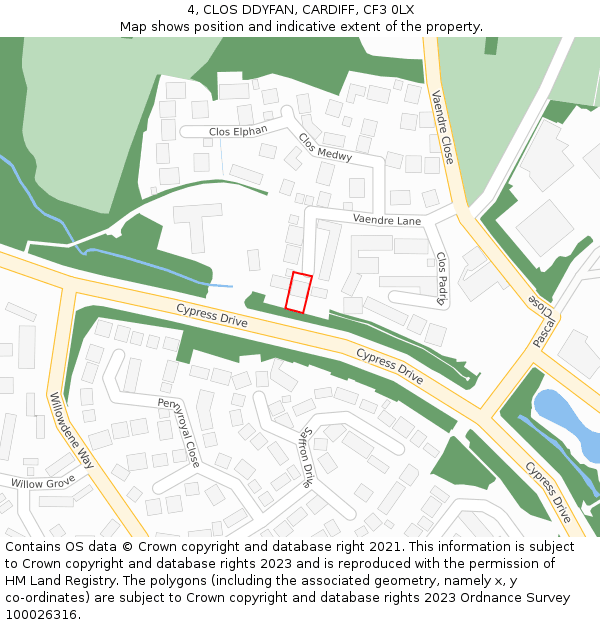 4, CLOS DDYFAN, CARDIFF, CF3 0LX: Location map and indicative extent of plot