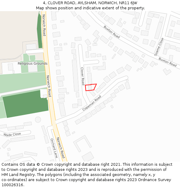 4, CLOVER ROAD, AYLSHAM, NORWICH, NR11 6JW: Location map and indicative extent of plot