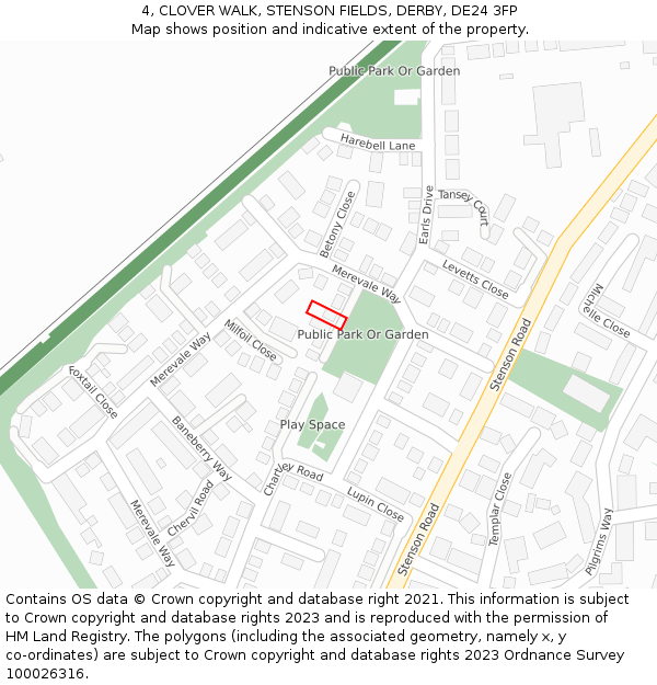 4, CLOVER WALK, STENSON FIELDS, DERBY, DE24 3FP: Location map and indicative extent of plot