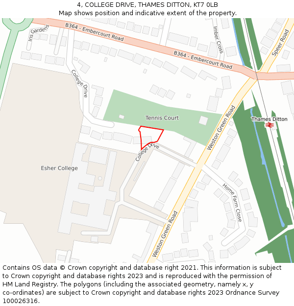 4, COLLEGE DRIVE, THAMES DITTON, KT7 0LB: Location map and indicative extent of plot