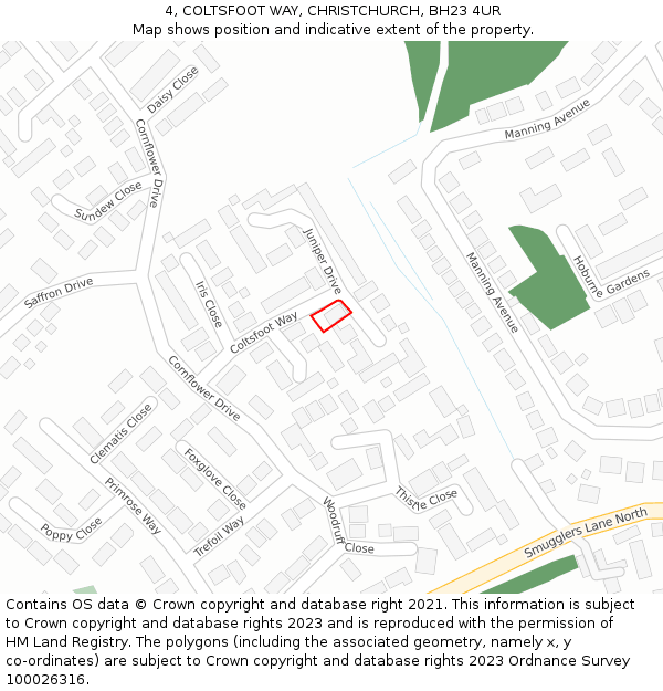 4, COLTSFOOT WAY, CHRISTCHURCH, BH23 4UR: Location map and indicative extent of plot