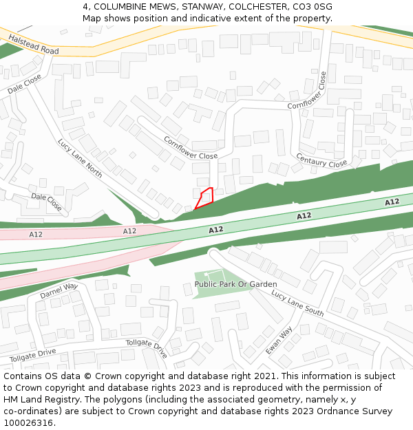 4, COLUMBINE MEWS, STANWAY, COLCHESTER, CO3 0SG: Location map and indicative extent of plot